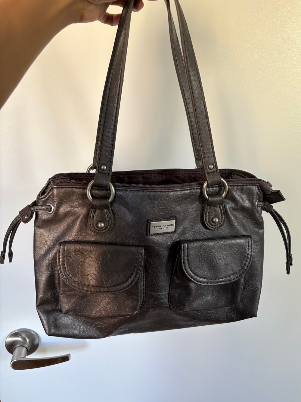 Vintage Tommy Hilfiger Dark Greyish Stone Shoulder Bag with Front Flap Pockets